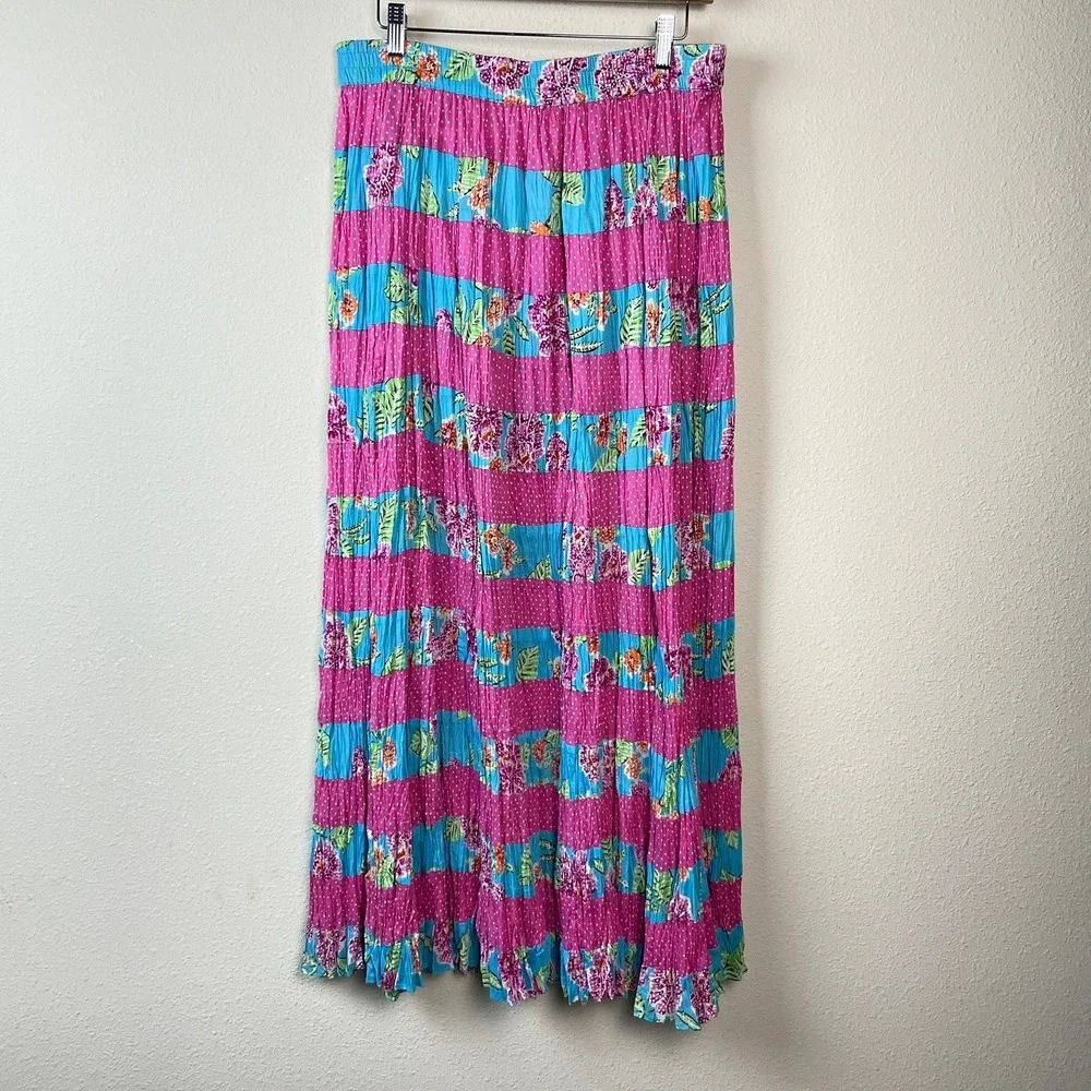 Phool Maxi Skirt Womens Large Pink Blue Floral Polka Dot Boho‎ Tiered Vintage